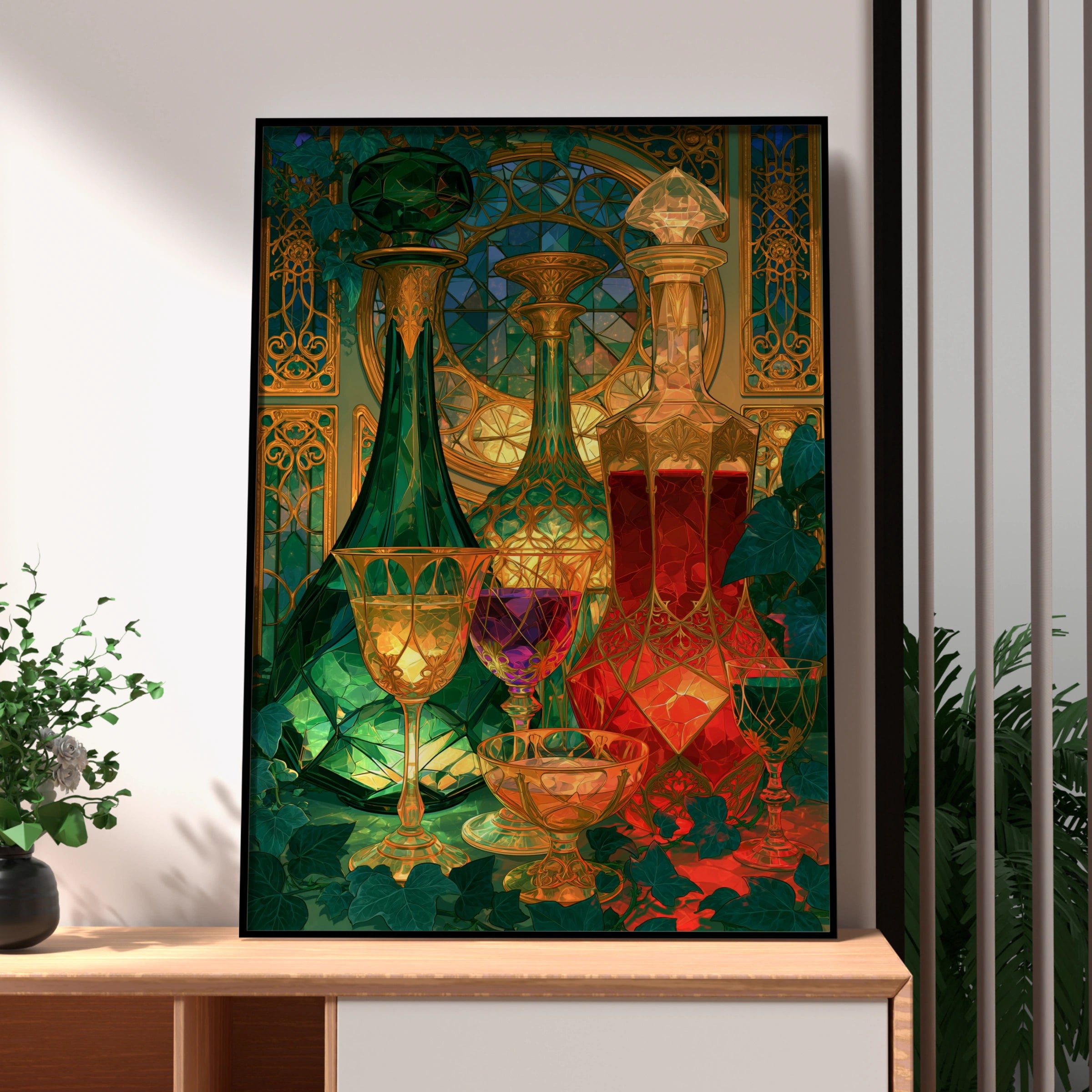 Art Nouveau Glass Decanters Still Life Poster, Jewel Tones, Ornate Gold