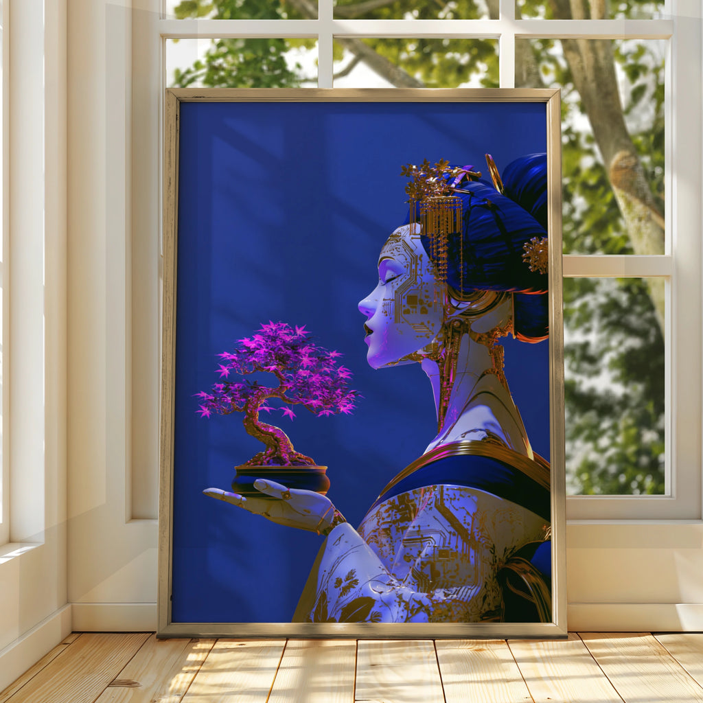 Cyber Geisha Bonsai Poster, Japanese Robot Art Print, Futuristic Blue Gold
