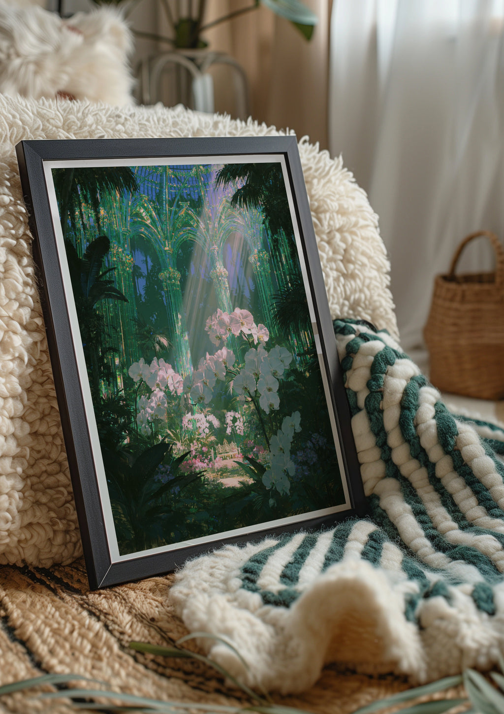 Emerald Glasshouse Orchids Poster, Botanical Fantasy Art Print, Victorian Greenhouse