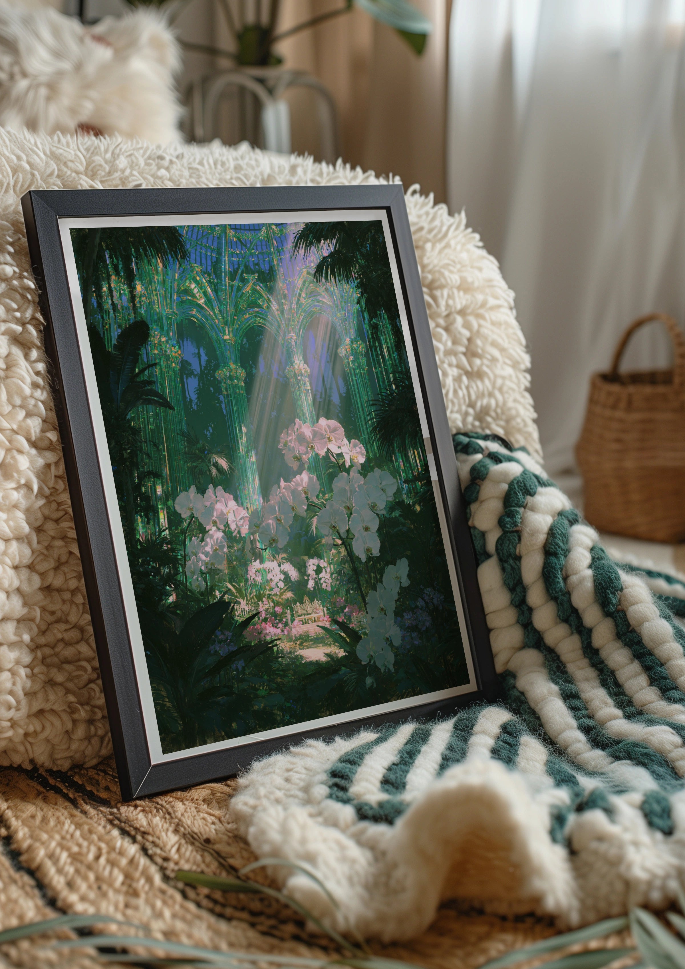 Emerald Glasshouse Orchids Poster, Botanical Fantasy Art Print, Victorian Greenhouse