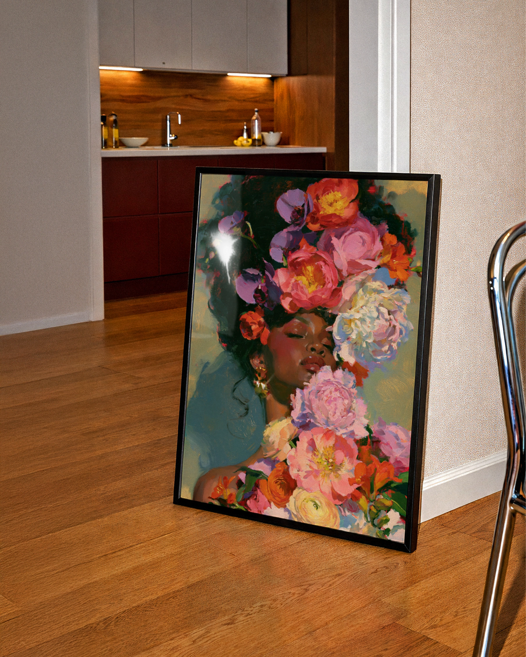 Woman with Flowers Wall Art Poster, Floral Portrait Print, Oil Painting Style