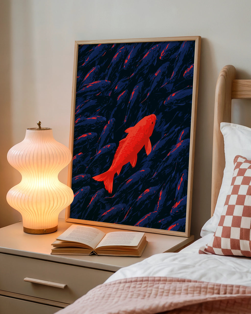 Red Koi Fish Poster, Stand Out Art Print, Bold Navy Blue Illustration