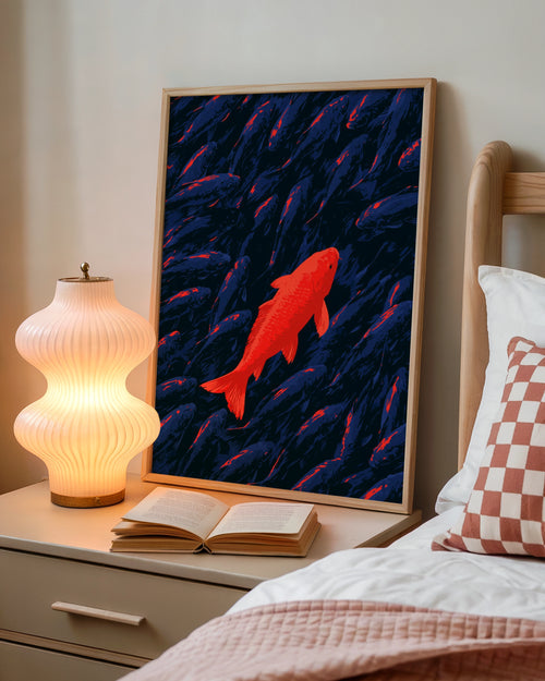 Red Koi Fish Poster, Stand Out Art Print, Bold Navy Blue Illustration