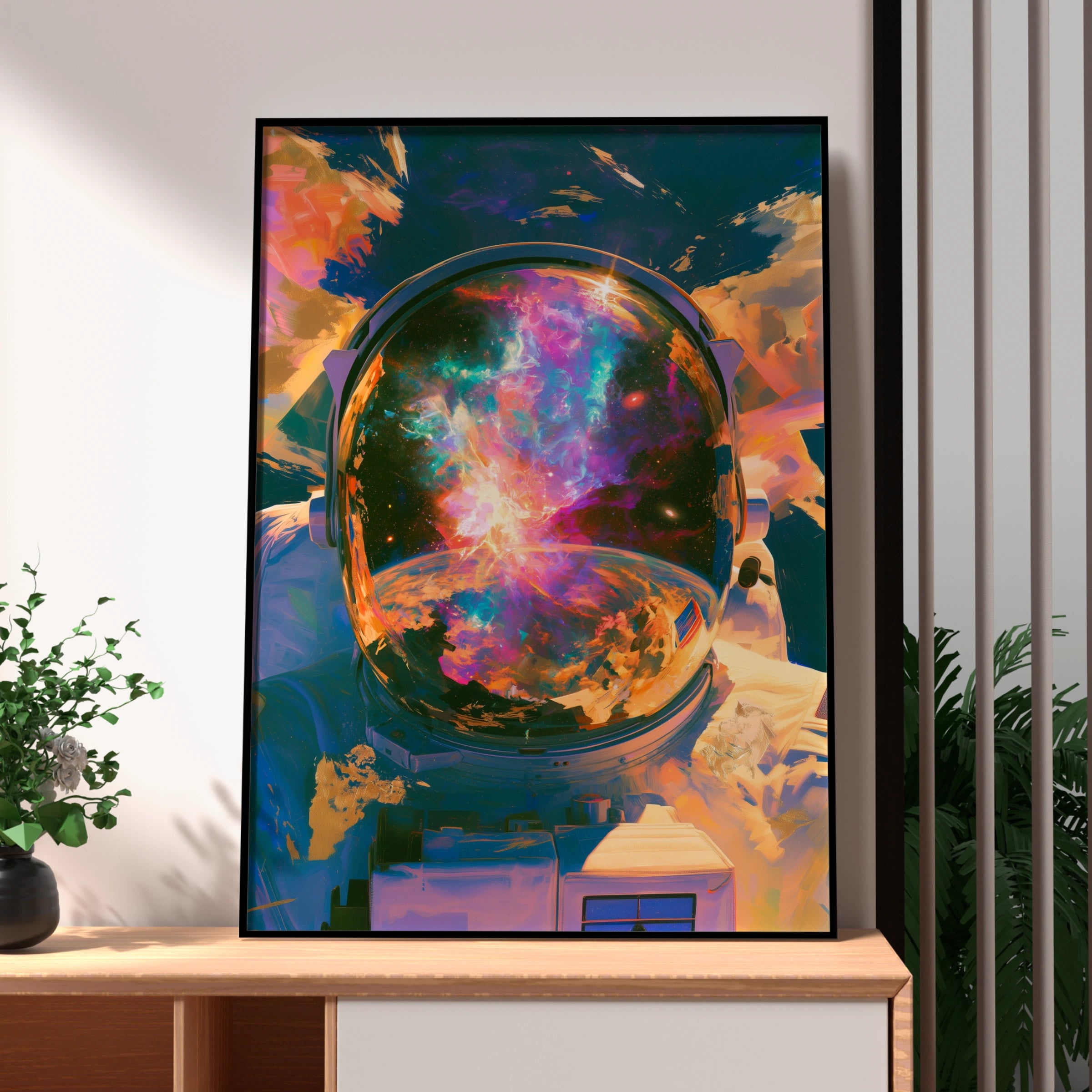 Astronaut Helmet Nebula Reflection Poster, Abstract Space Art Print