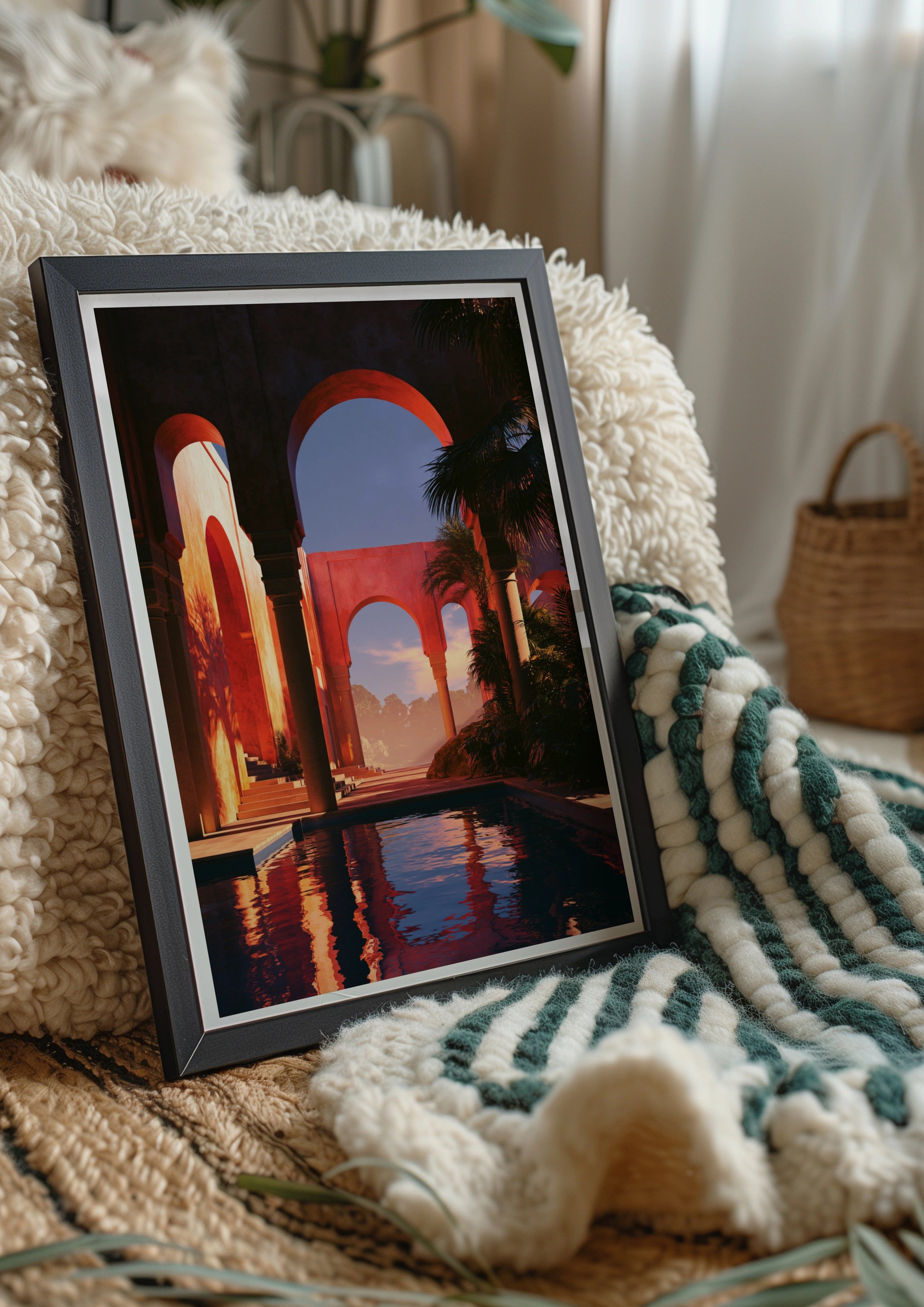 Courtyard Arches Sunset Poster, Terracotta Architecture, Mediterranean Wall Art