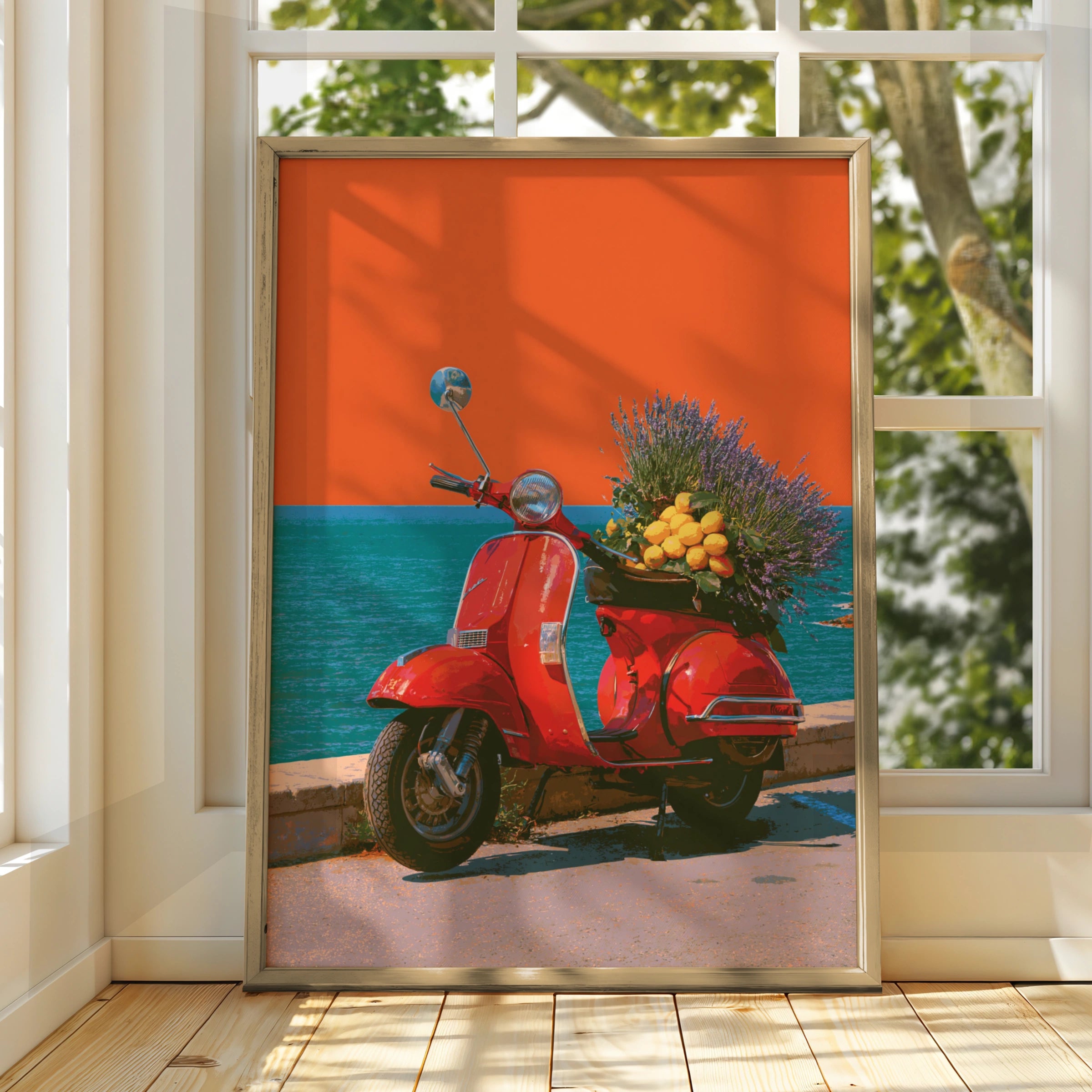 Red Vespa Lavender Lemons Sea Wall Art Poster, Italian Scooter Print