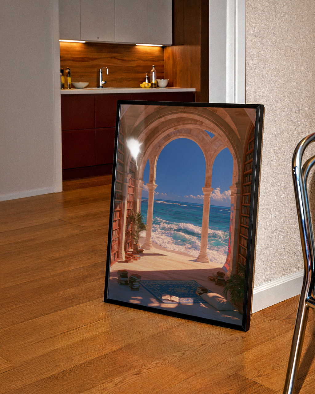 Library Sea View Poster, Stone Arches Bookshelf Ocean Wall Art Print