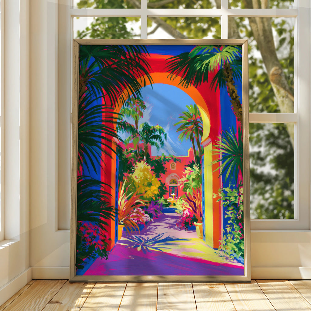 Courtyard Flowers Palms Poster, Tropical Arch Garden Print, Vibrant Colourful Wall Art