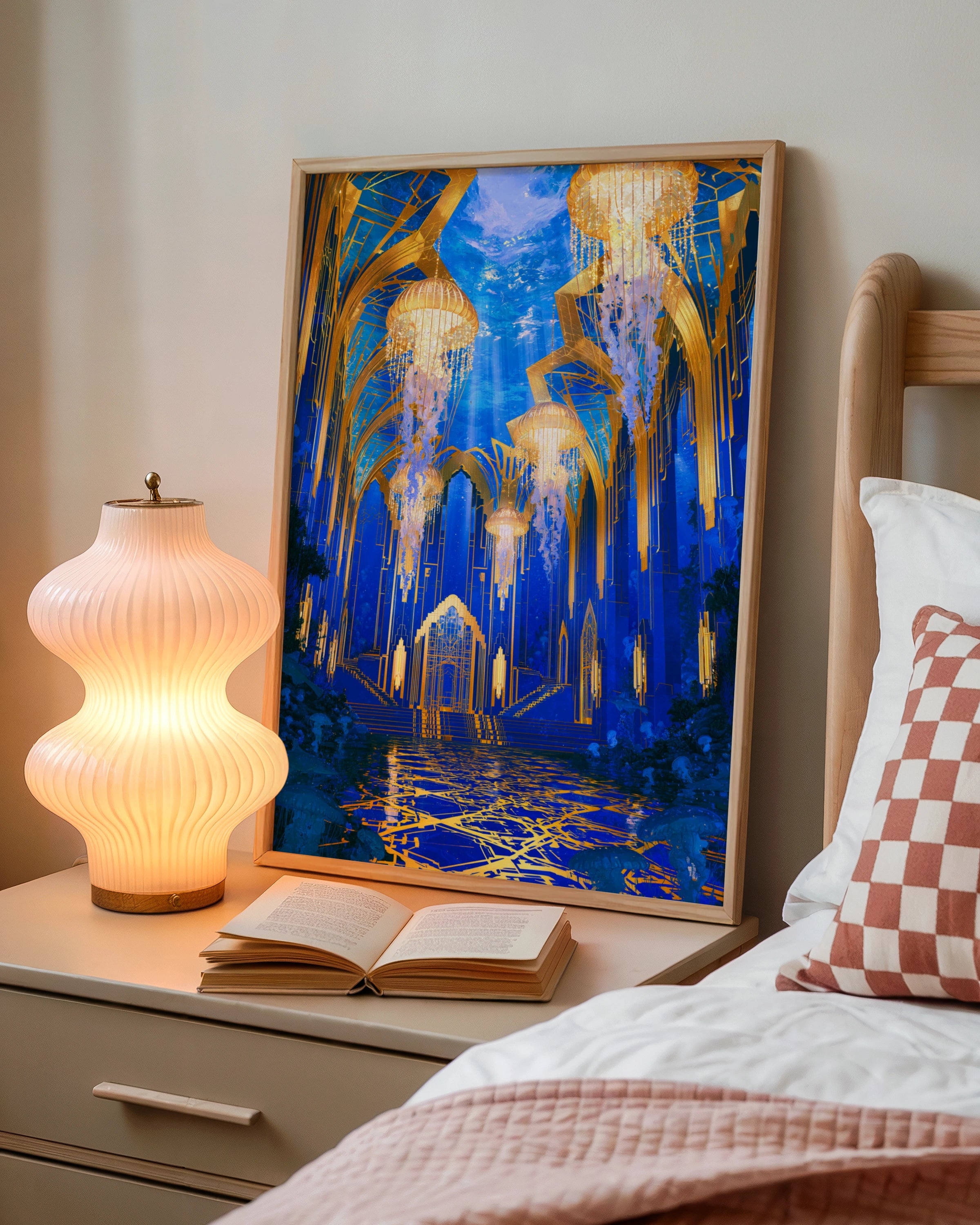 Underwater City Hall Jellyfish Poster, Art Deco Fantasy Blue Gold Print