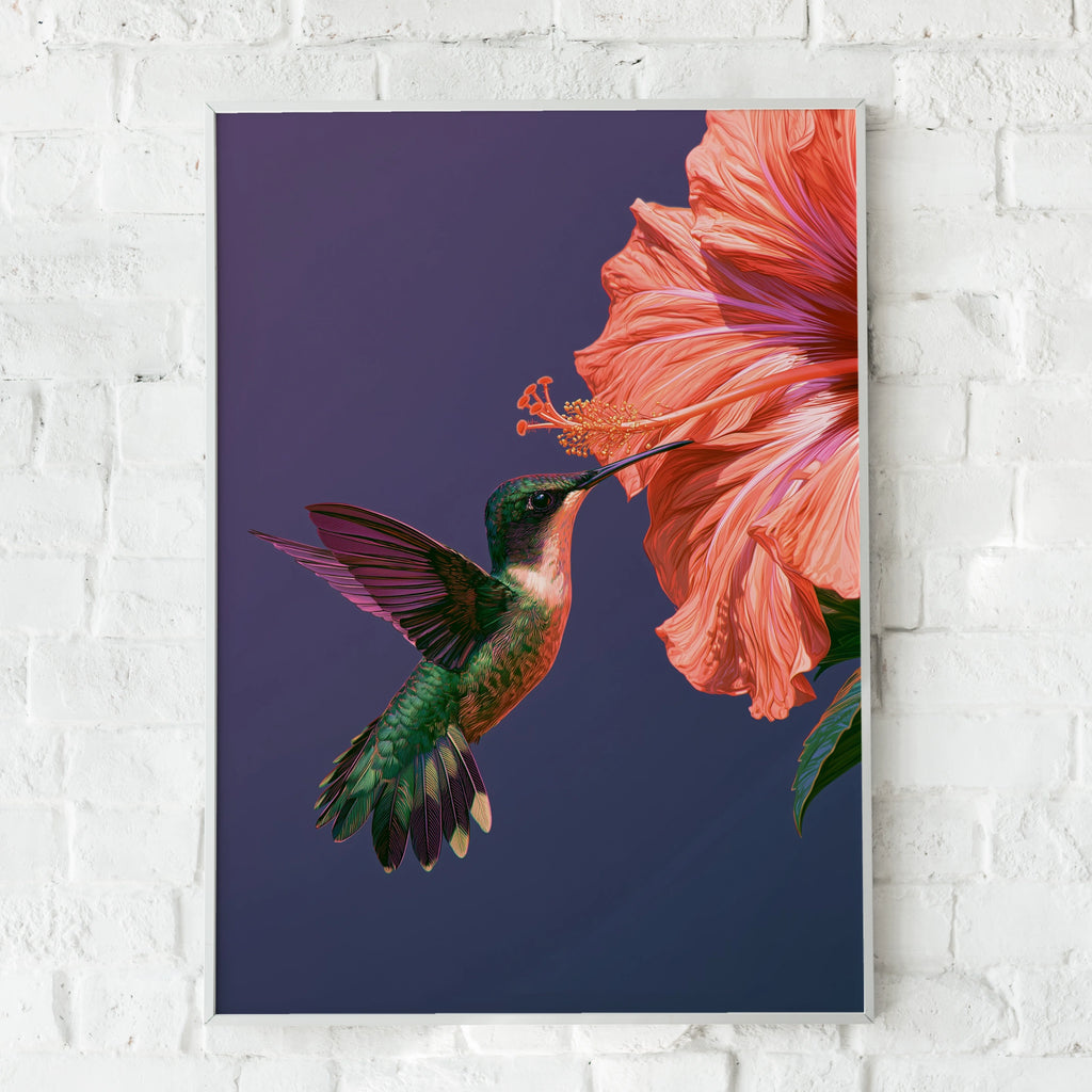 Hummingbird Hibiscus Poster, Botanical Bird Wall Art, Vibrant Illustration Print