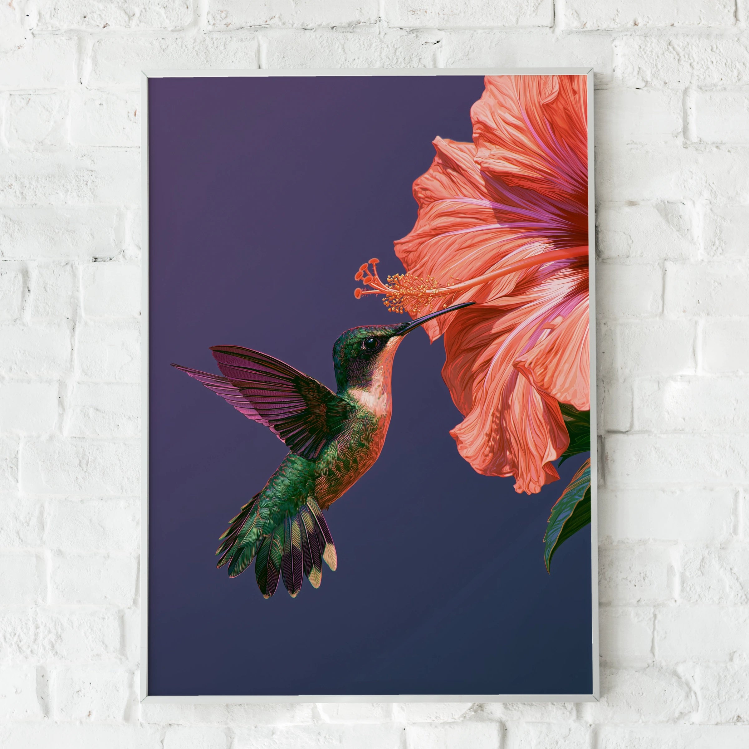 Hummingbird Hibiscus Poster, Botanical Bird Wall Art, Vibrant Illustration Print