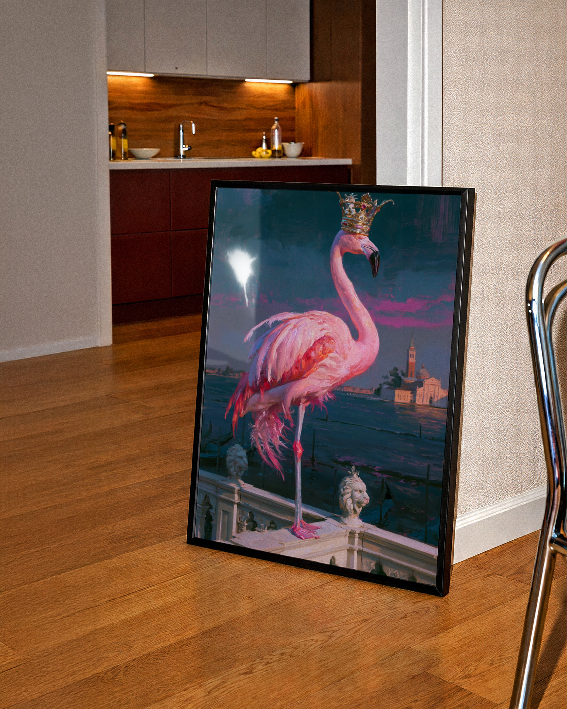 Royal Flamingo Venice Poster, Pink Bird Crown Wall Art, Oil Painting Style Print