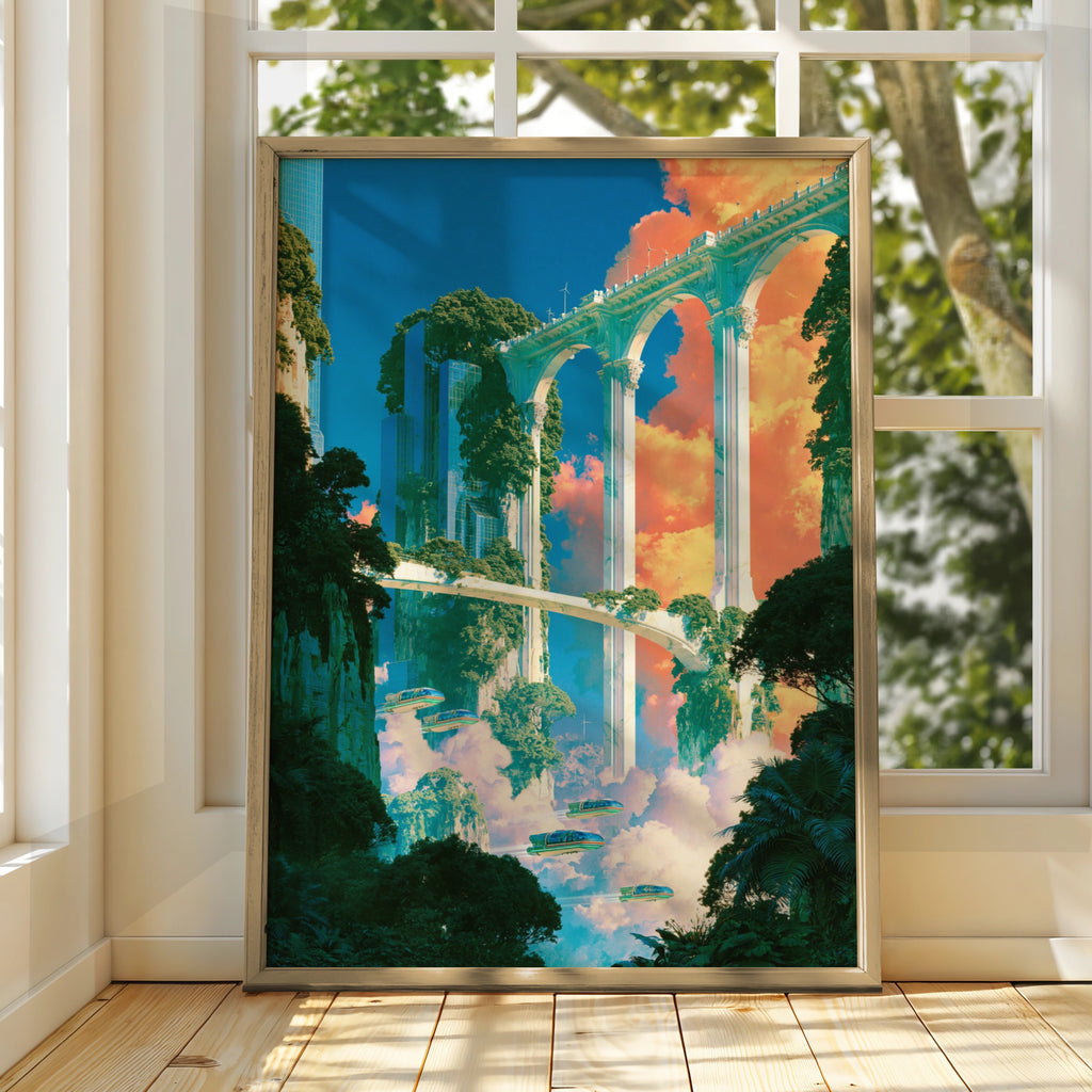 Sky City Aqueduct Poster, Futuristic Fantasy Architecture, Sci-Fi Art Print
