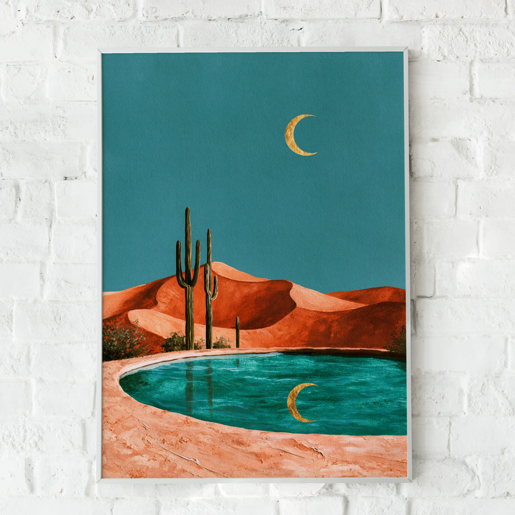 Cactus Moon Desert Pool Poster, Crescent Reflection Art, Boho Landscape Print