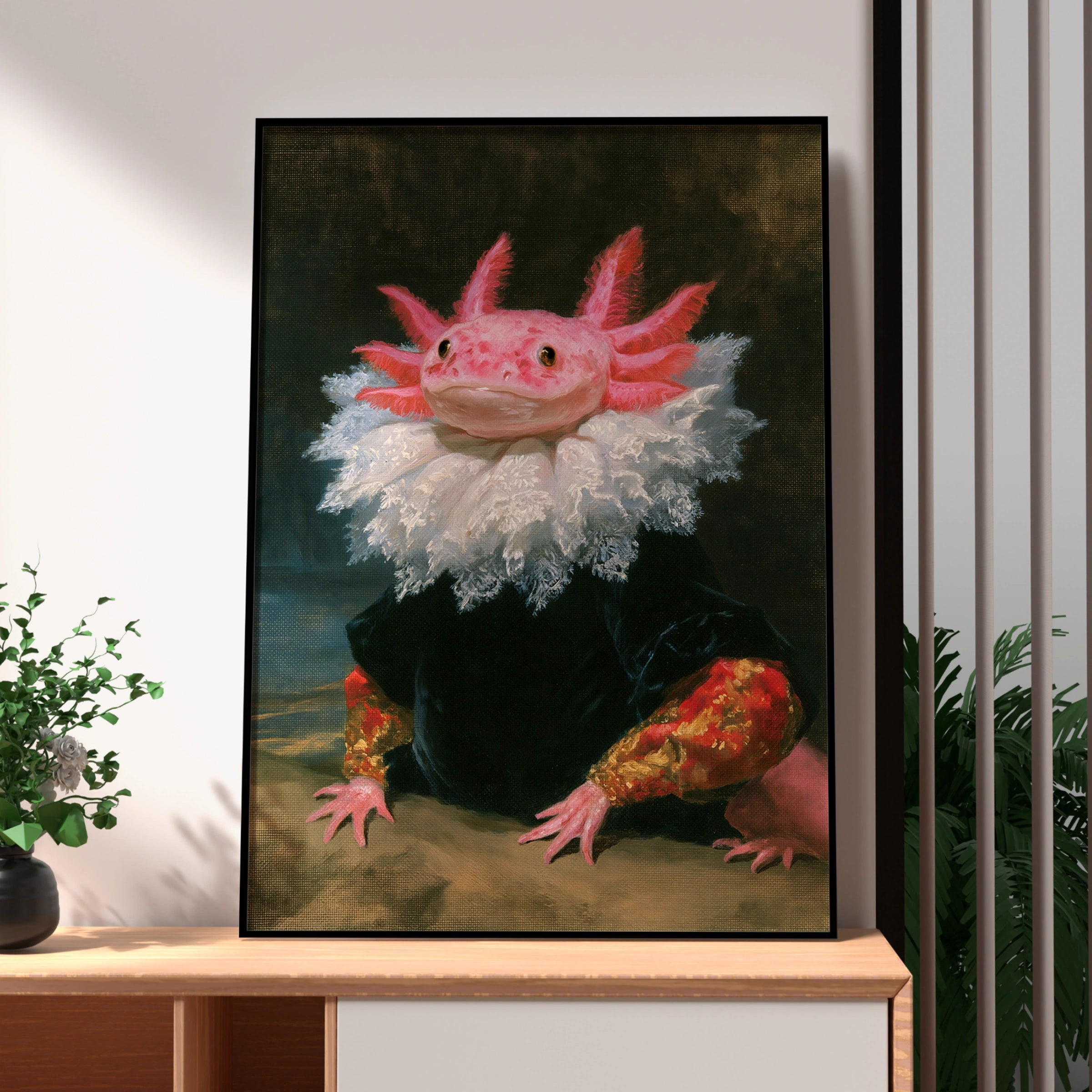 Axolotl Portrait Poster, Renaissance Style, Funny Animal Wall Art Print