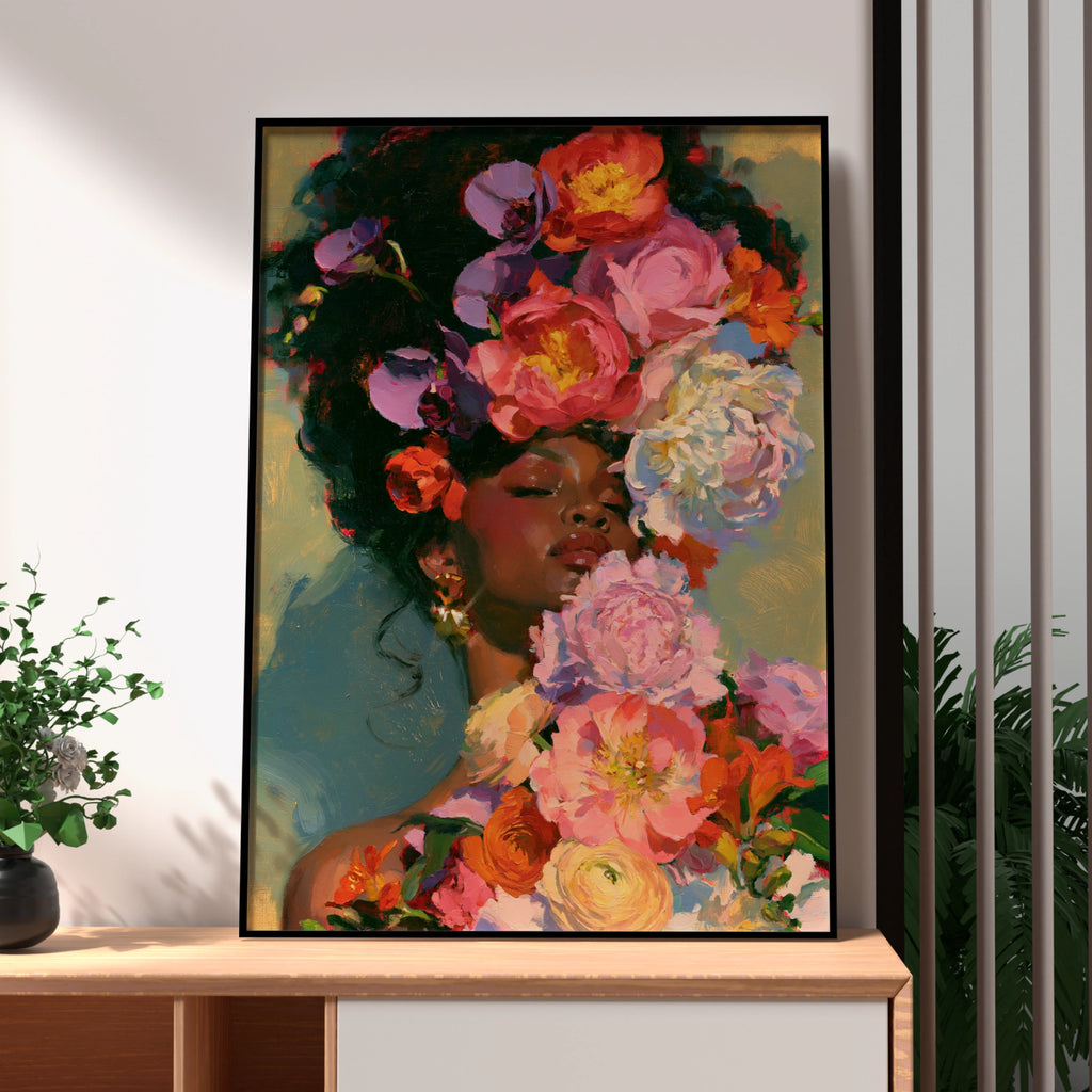 Woman with Flowers Wall Art Poster, Floral Portrait Print, Oil Painting Style