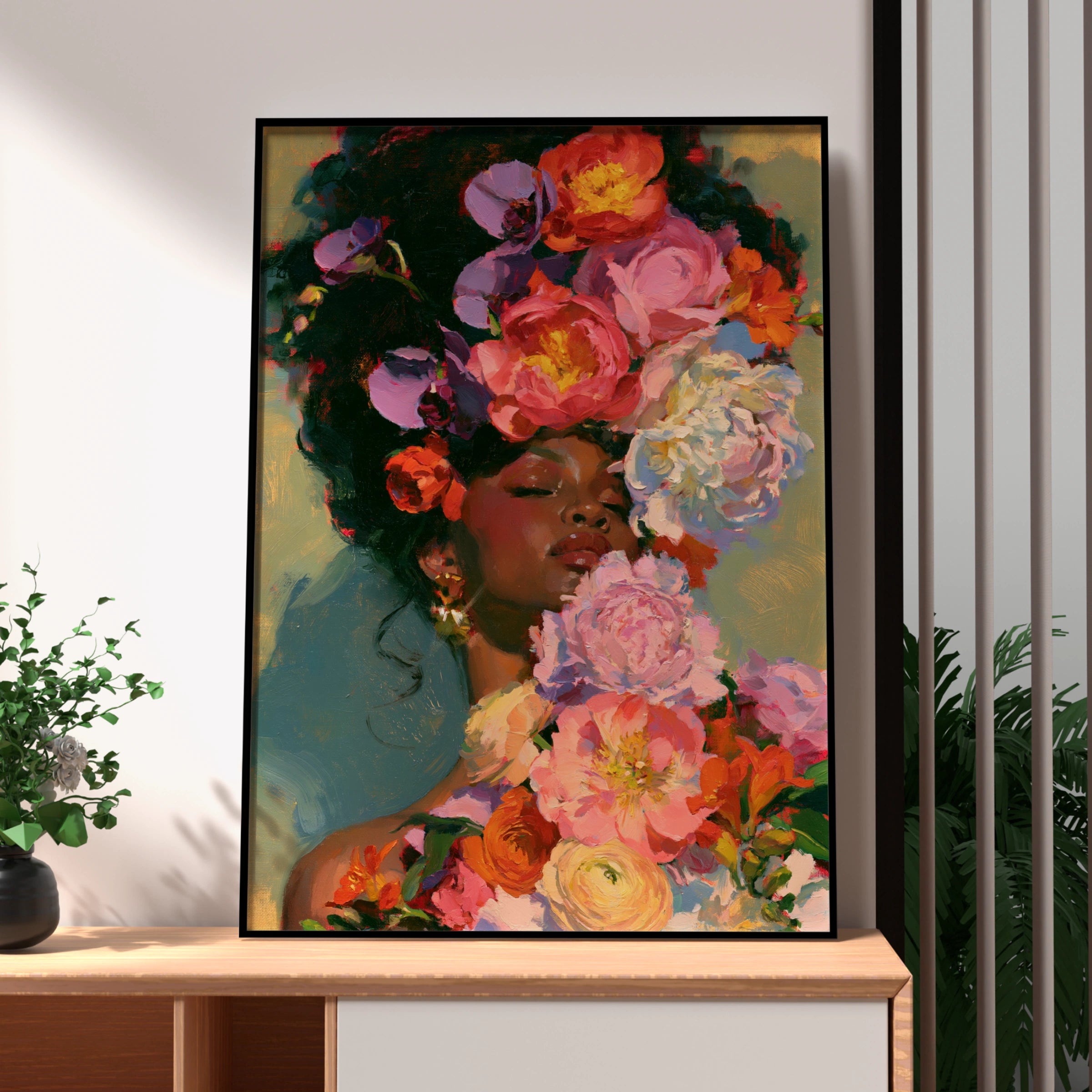 Woman with Flowers Wall Art Poster, Floral Portrait Print, Oil Painting Style