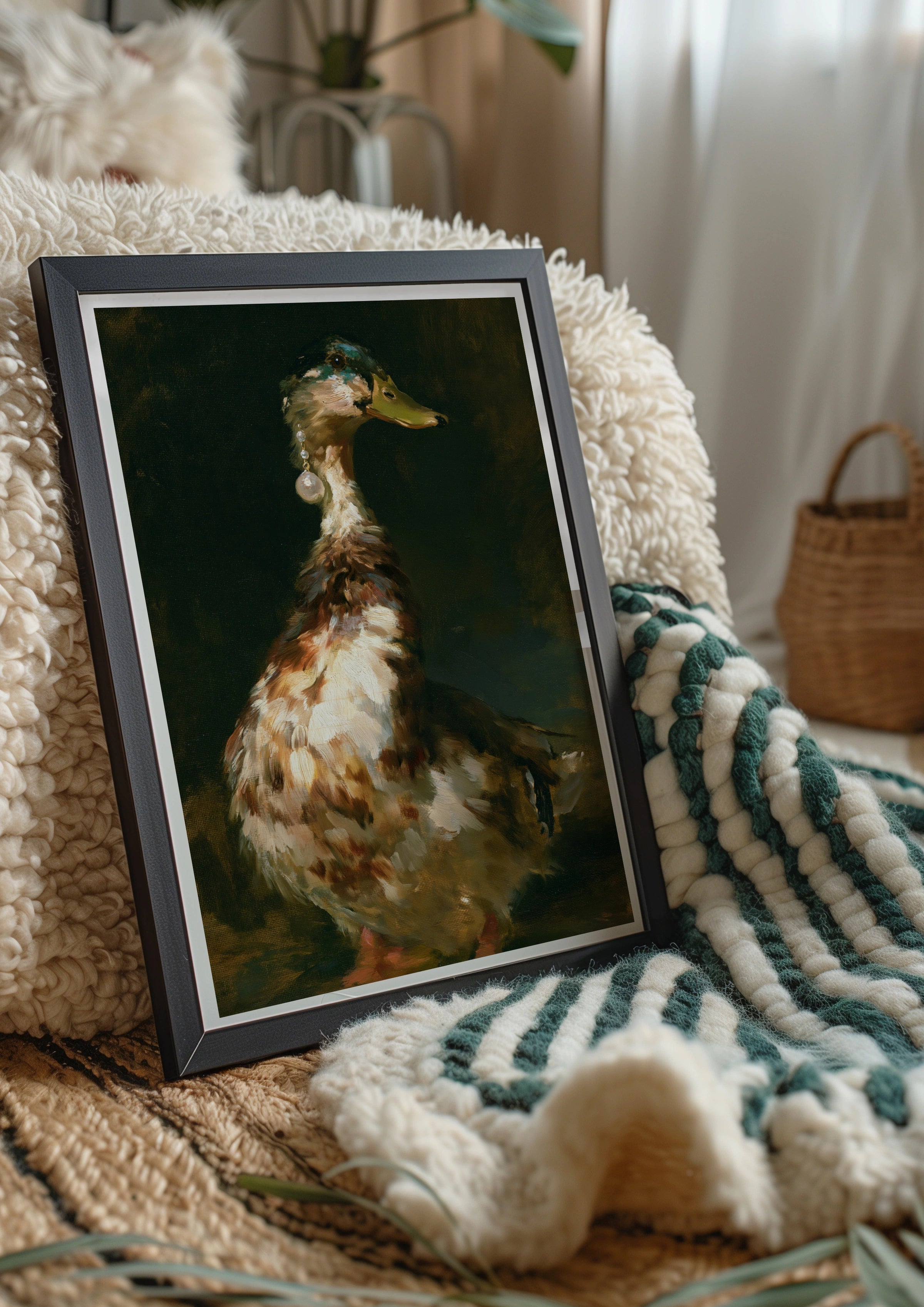 Duck with Pearl Earring Wall Art Poster, Funny Animal Portrait, Old Master Style