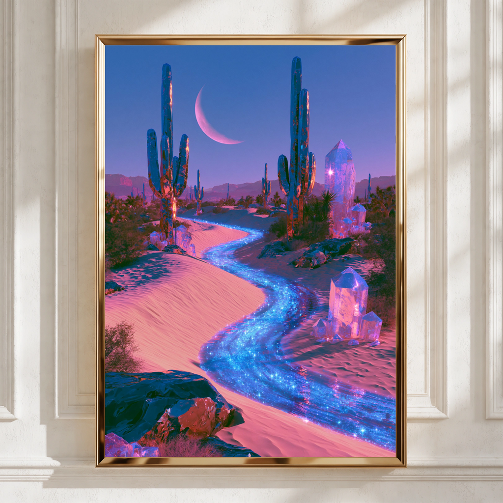 Crystal Desert Cactus Wall Art Poster, Surreal Moonlit Fantasy Print