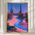 Crystal Desert Cactus Wall Art Poster, Surreal Moonlit Fantasy Print