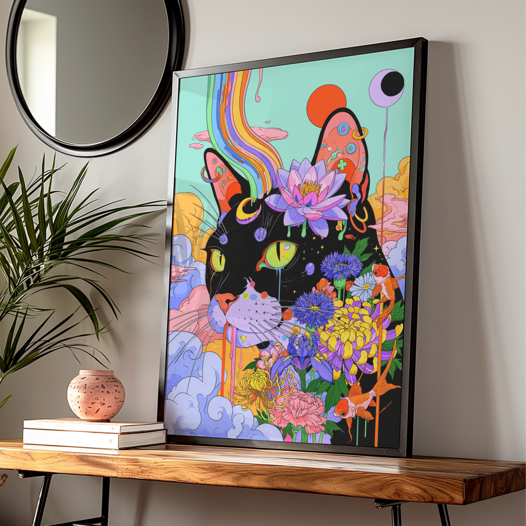 Psychedelic Cat Poster, Floral Black Cat Wall Art, Colourful Trippy Print