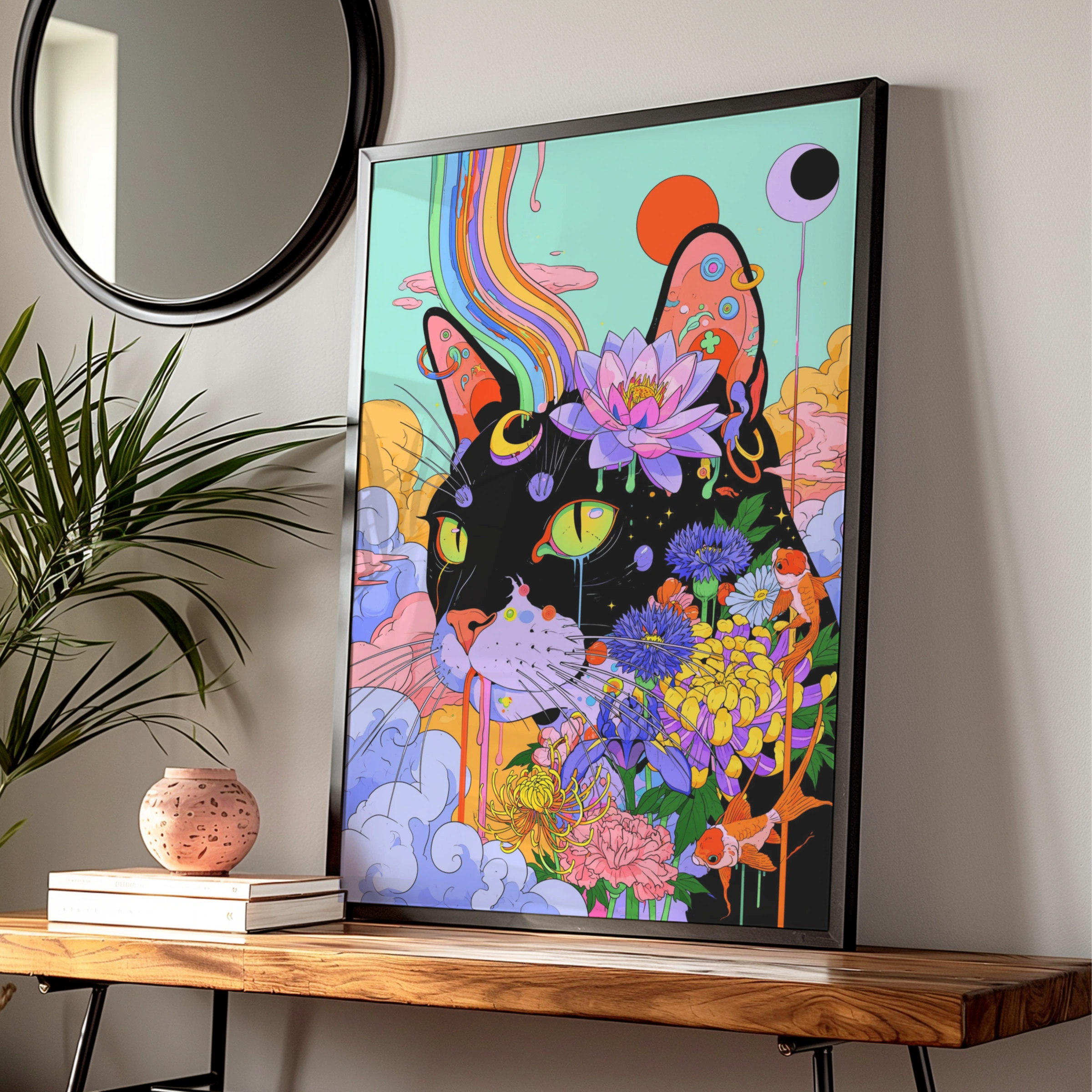 Psychedelic Cat Poster, Floral Black Cat Wall Art, Colourful Trippy Print