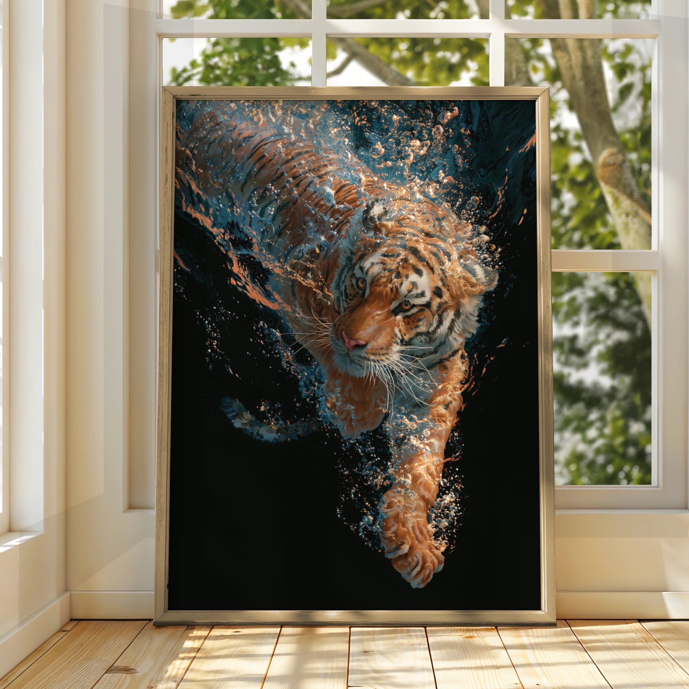 Diving Tiger Underwater Wall Art Poster, Bold Wildlife Print, Dark Dramatic Style