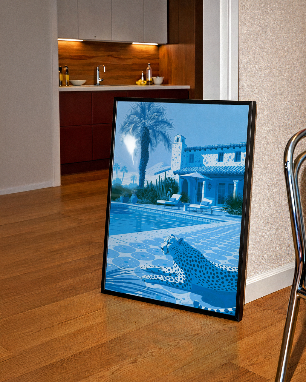 Cheetah by Pool Poster, Blue Monochrome Villa Print, Luxury Wildlife Art