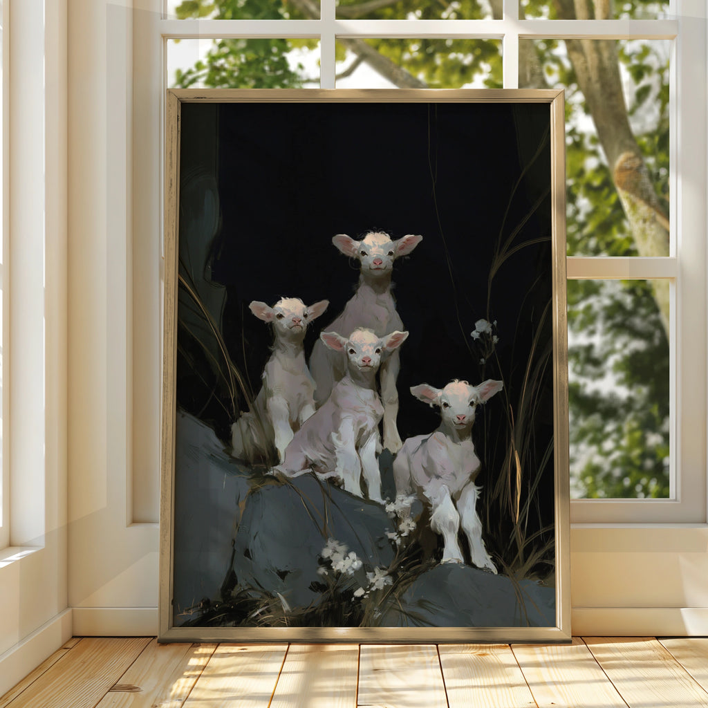 Lambs Wall Art Poster, Dark Background, Painterly Animal Print