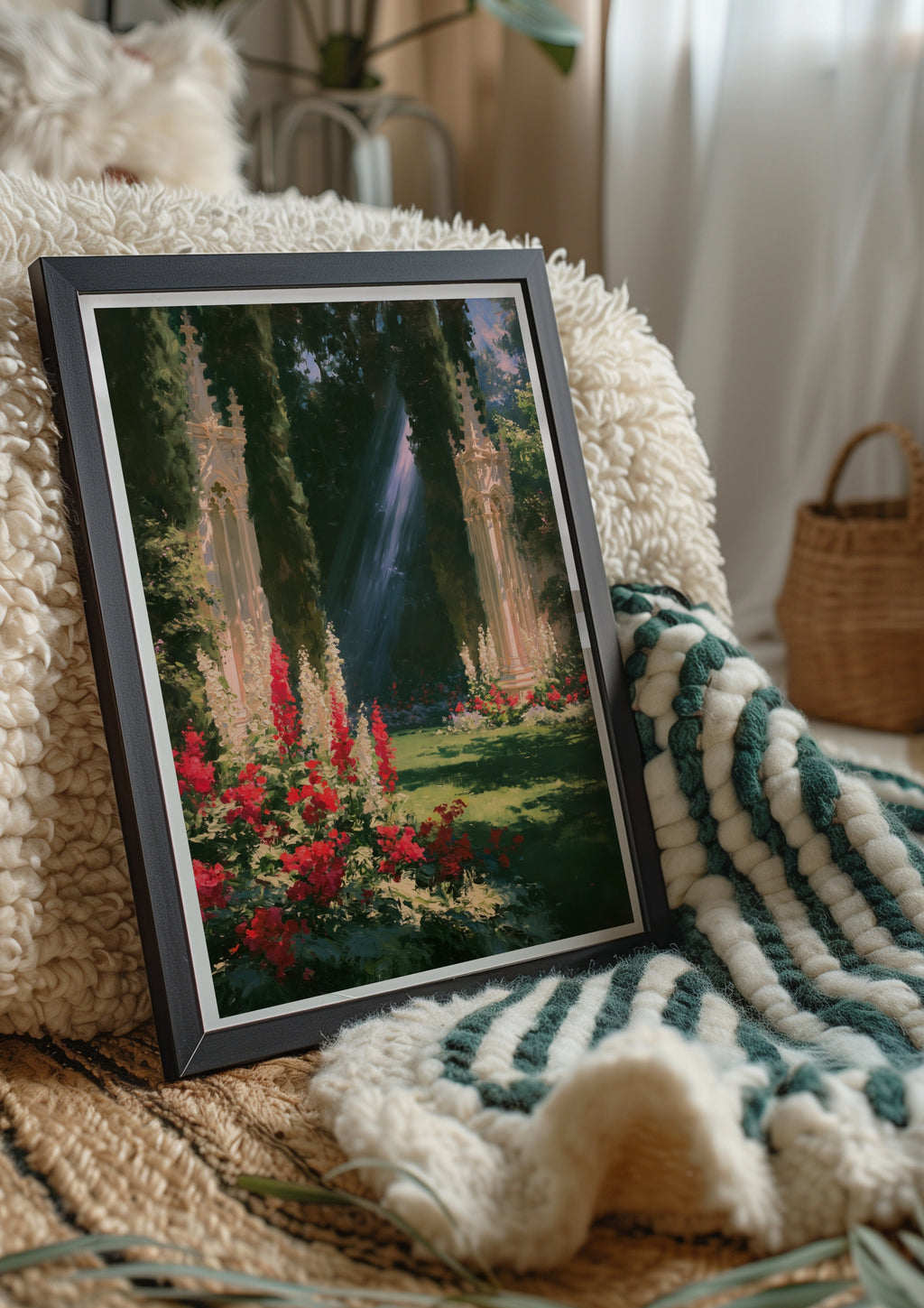 Gothic Garden Wall Art, Cypress Trees Sunlight Poster, Romantic Floral Print