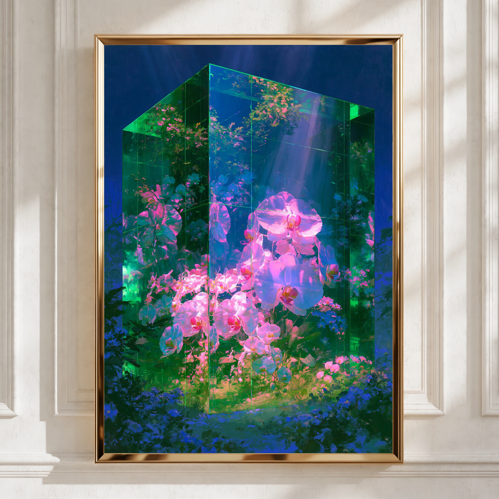 Emerald Glass Orchid Poster, Pink Flowers Fantasy Art Print, Botanical