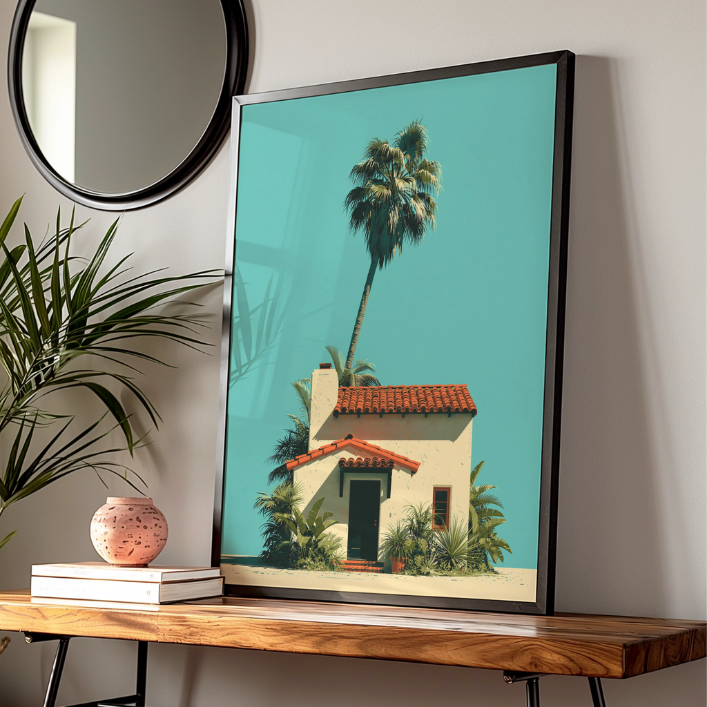 Solitary Palm Tree Spanish House Poster, Minimalist Tropical Architecture Print