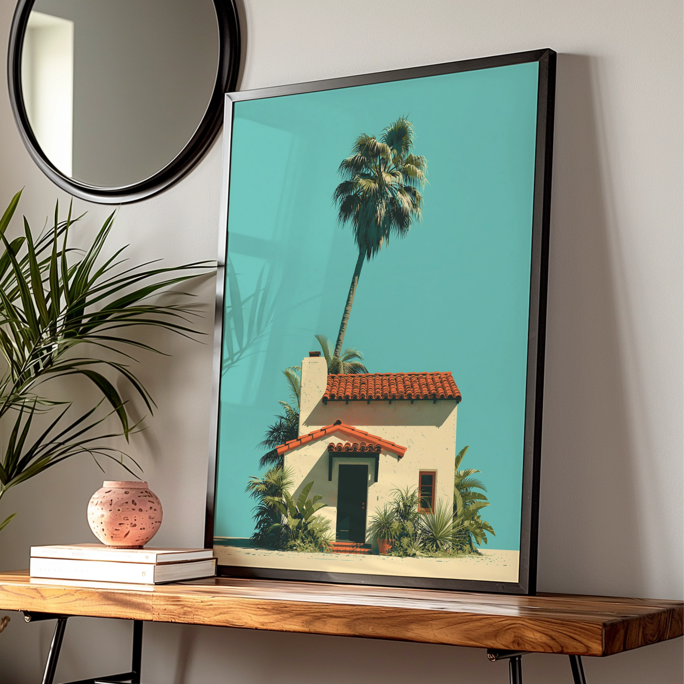 Solitary Palm Tree Spanish House Poster, Minimalist Tropical Architecture Print