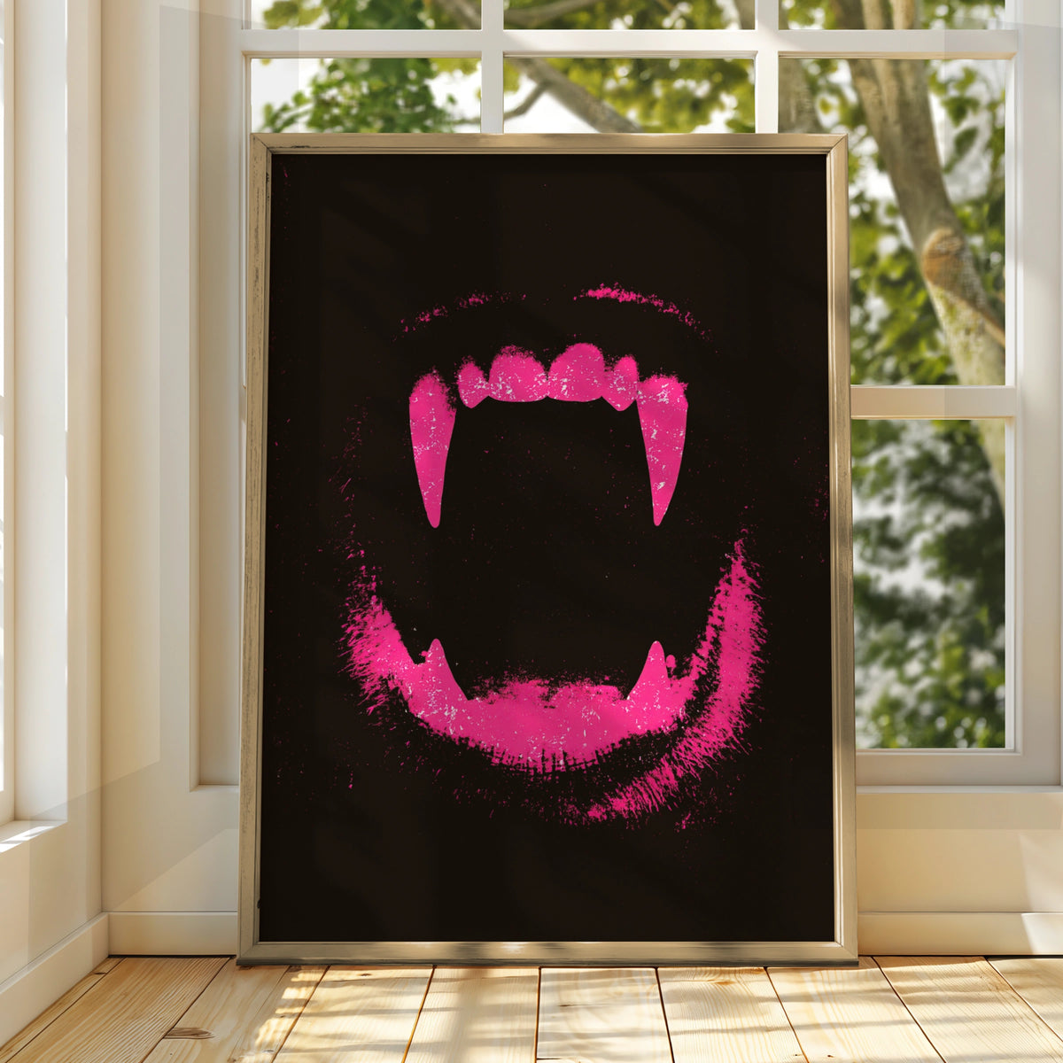 Dog Fangs Pink Wall Art Poster, Bold Dark Grunge Animal Print