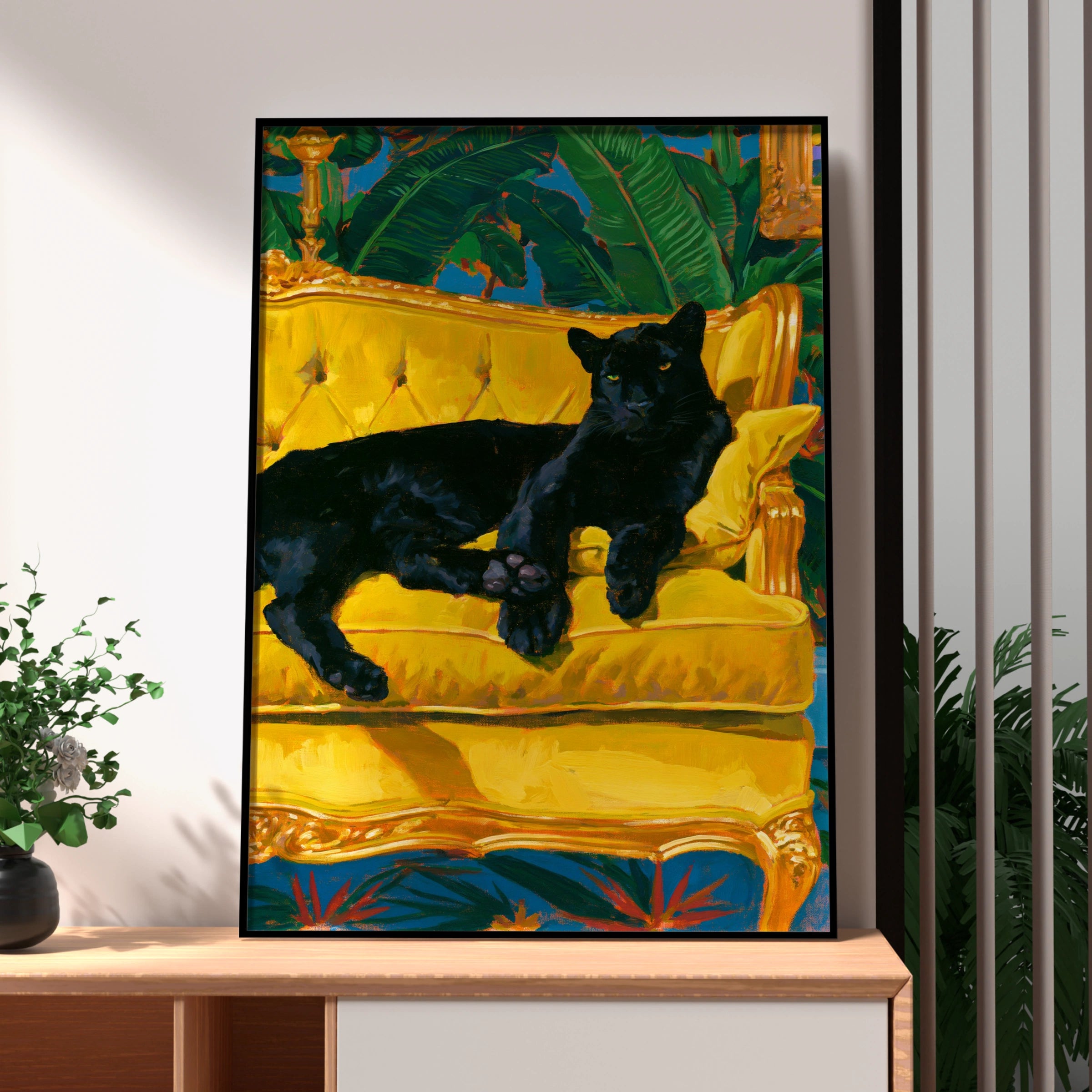 Black Panther on Yellow Sofa Wall Art Poster, Tropical Maximalist Print