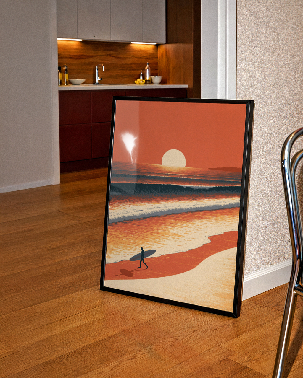 Surfer Sunset Beach Poster, Ocean Waves Wall Art, Retro Surf Print