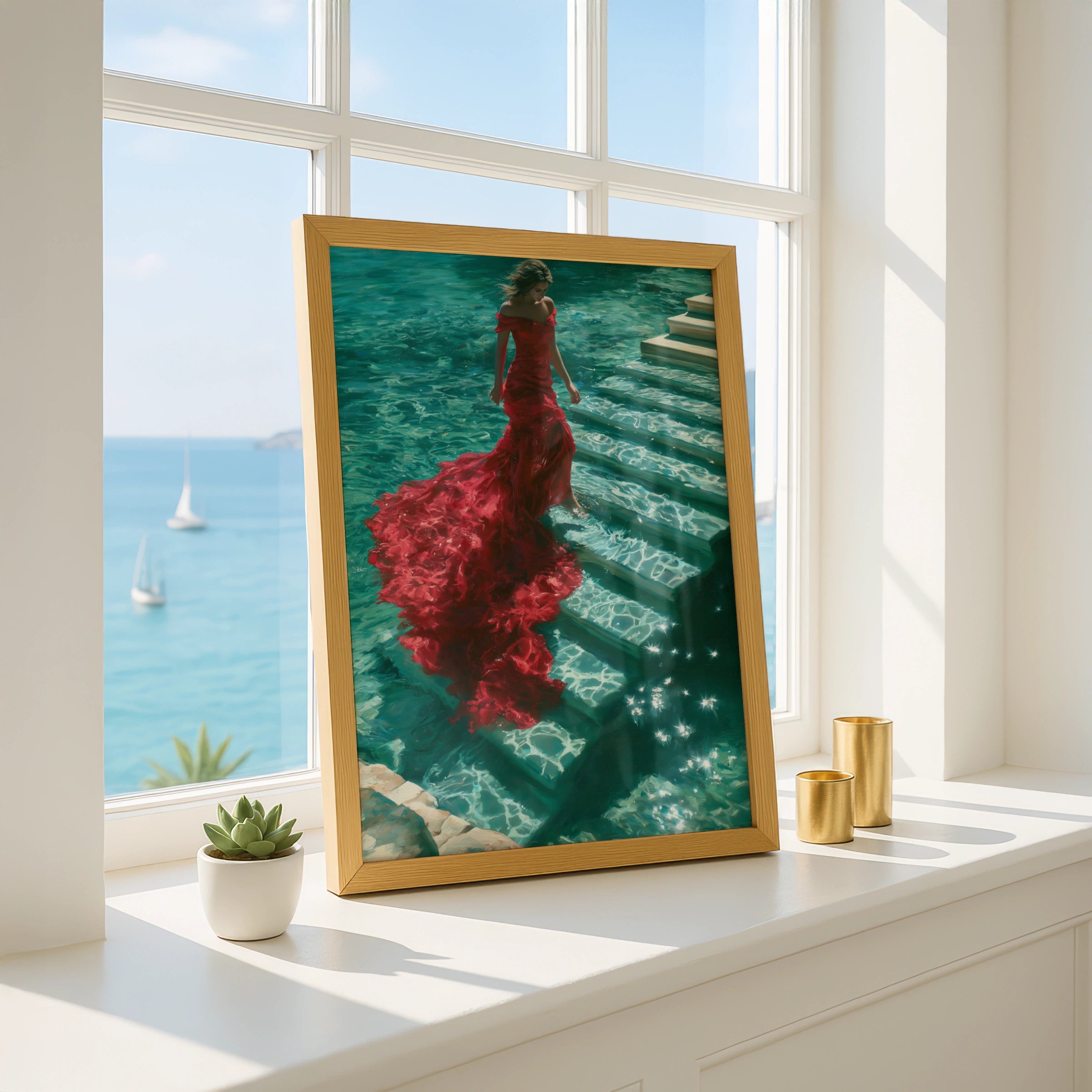 Woman Red Dress Water Steps Poster, Figurative Wall Art, Teal Oil Painting Print