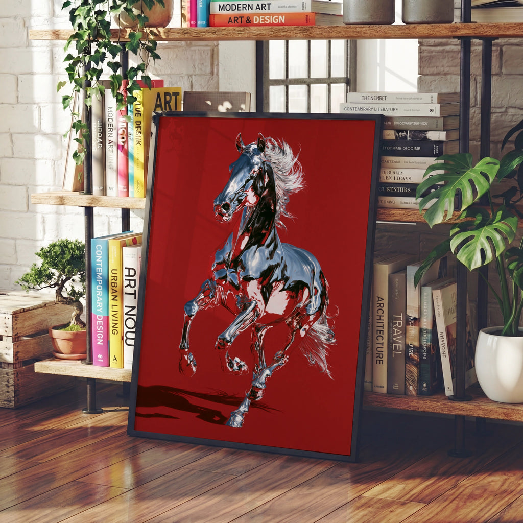 Chrome Horse Poster, Red Wall Art, Metallic Equine Print, Bold Modern Style
