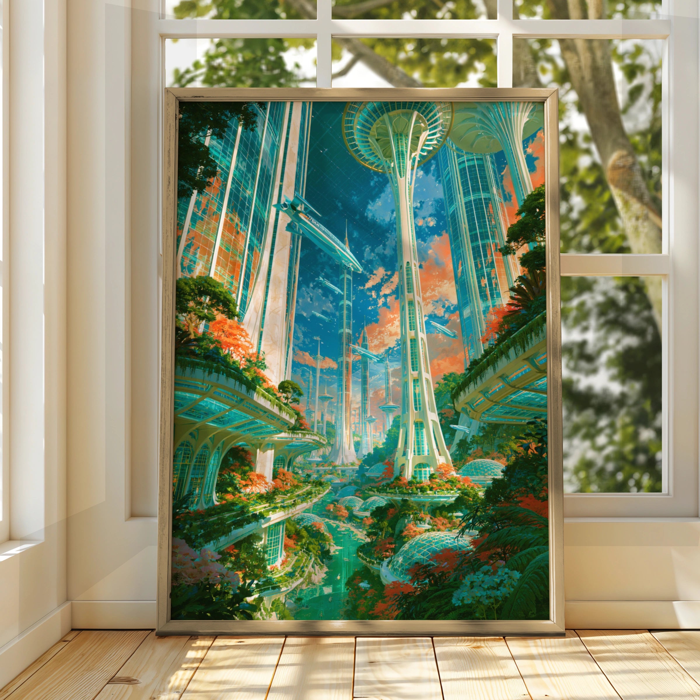 Futuristic Space City Poster, Sci-Fi Cityscape Wall Art, Utopian Print