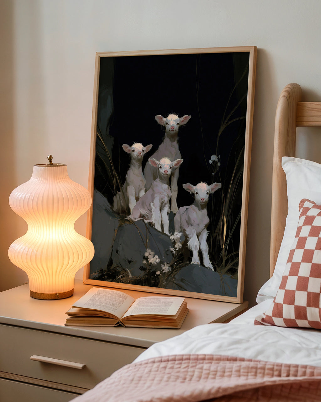 Lambs Wall Art Poster, Dark Background, Painterly Animal Print