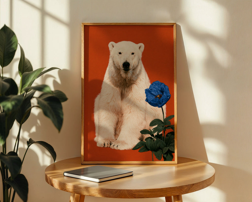Polar Bear Blue Flower Poster, Bold Orange Wildlife Wall Art Print