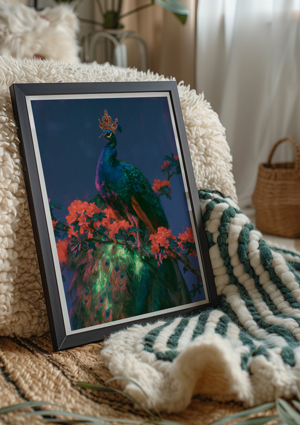 Crowned Peacock Wall Art Poster, Royal Bird Print, Dark Floral Botanical