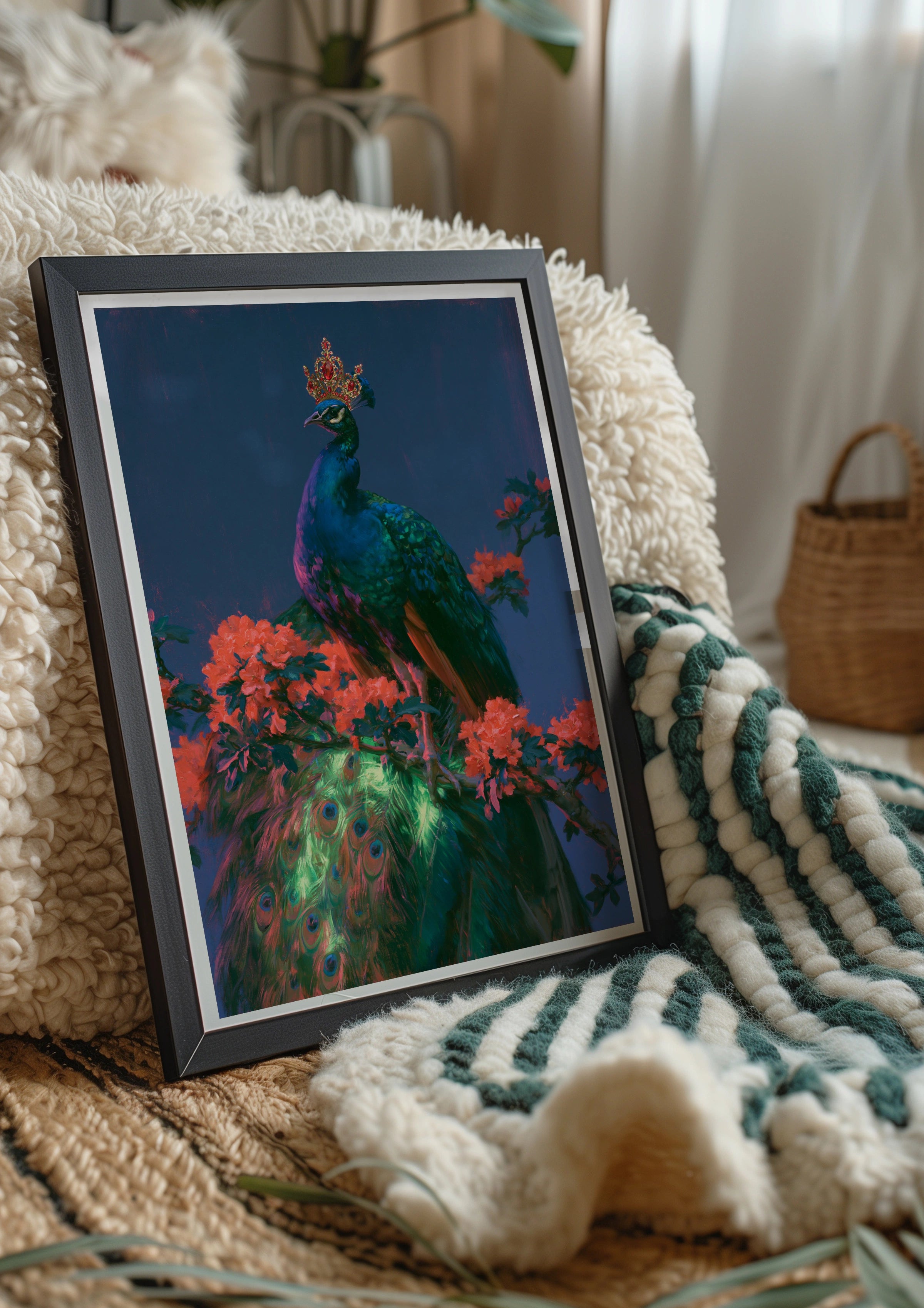Crowned Peacock Wall Art Poster, Royal Bird Print, Dark Floral Botanical