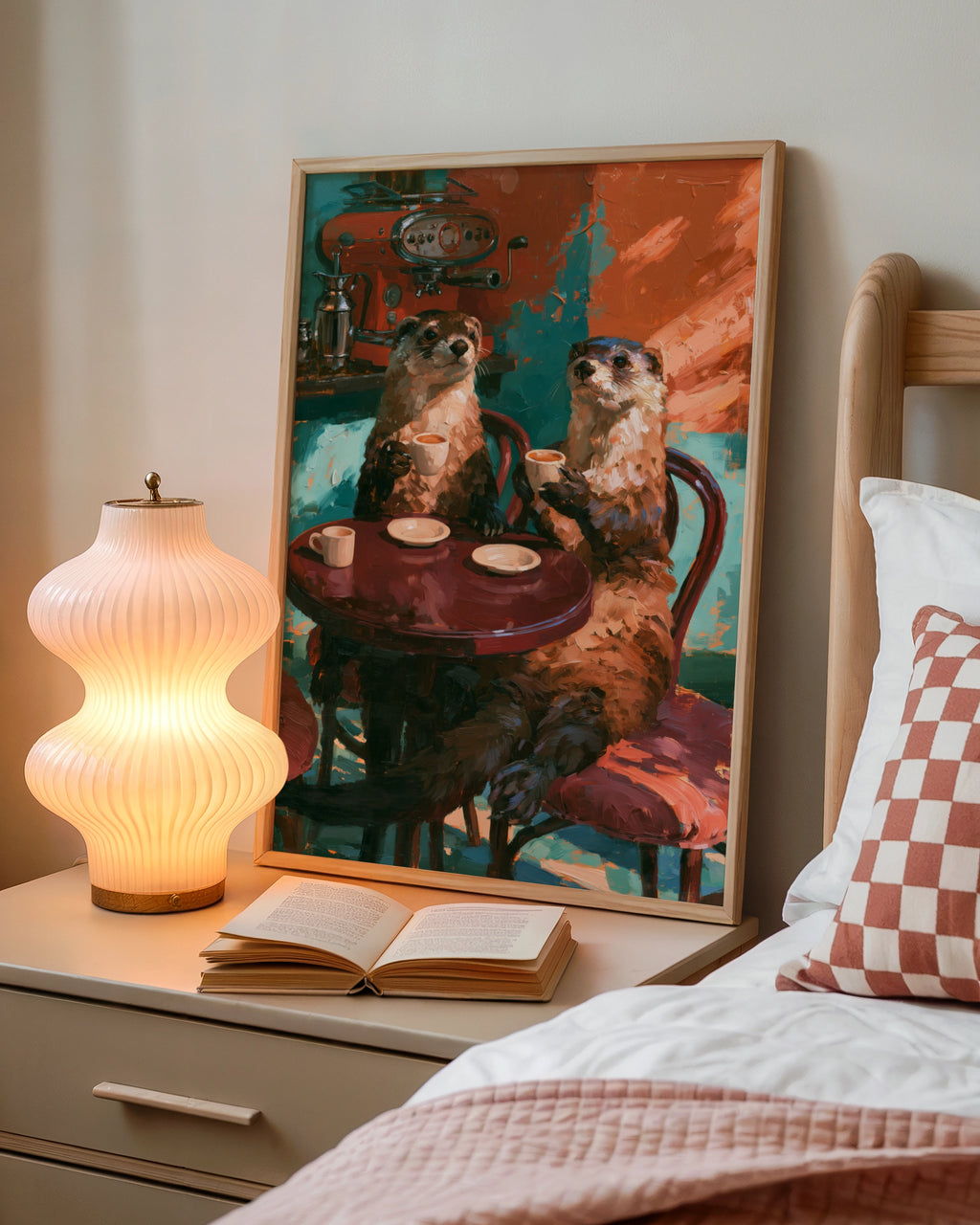 Otters Drinking Coffee Poster, Cafe Scene Wall Art, Oil Painting Style Print