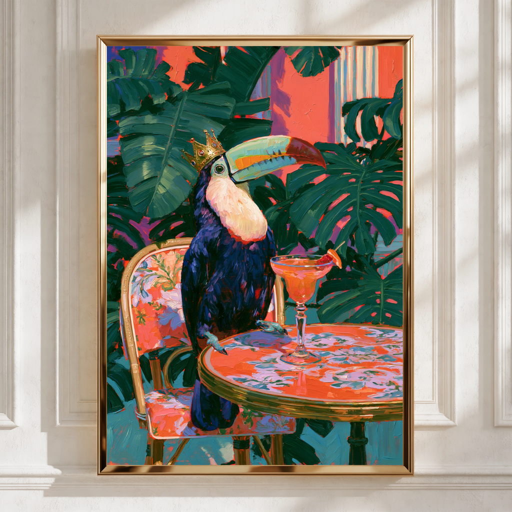 Crowned Toucan Cocktail Table Poster, Tropical Bird Art Print, Bold Maximalist