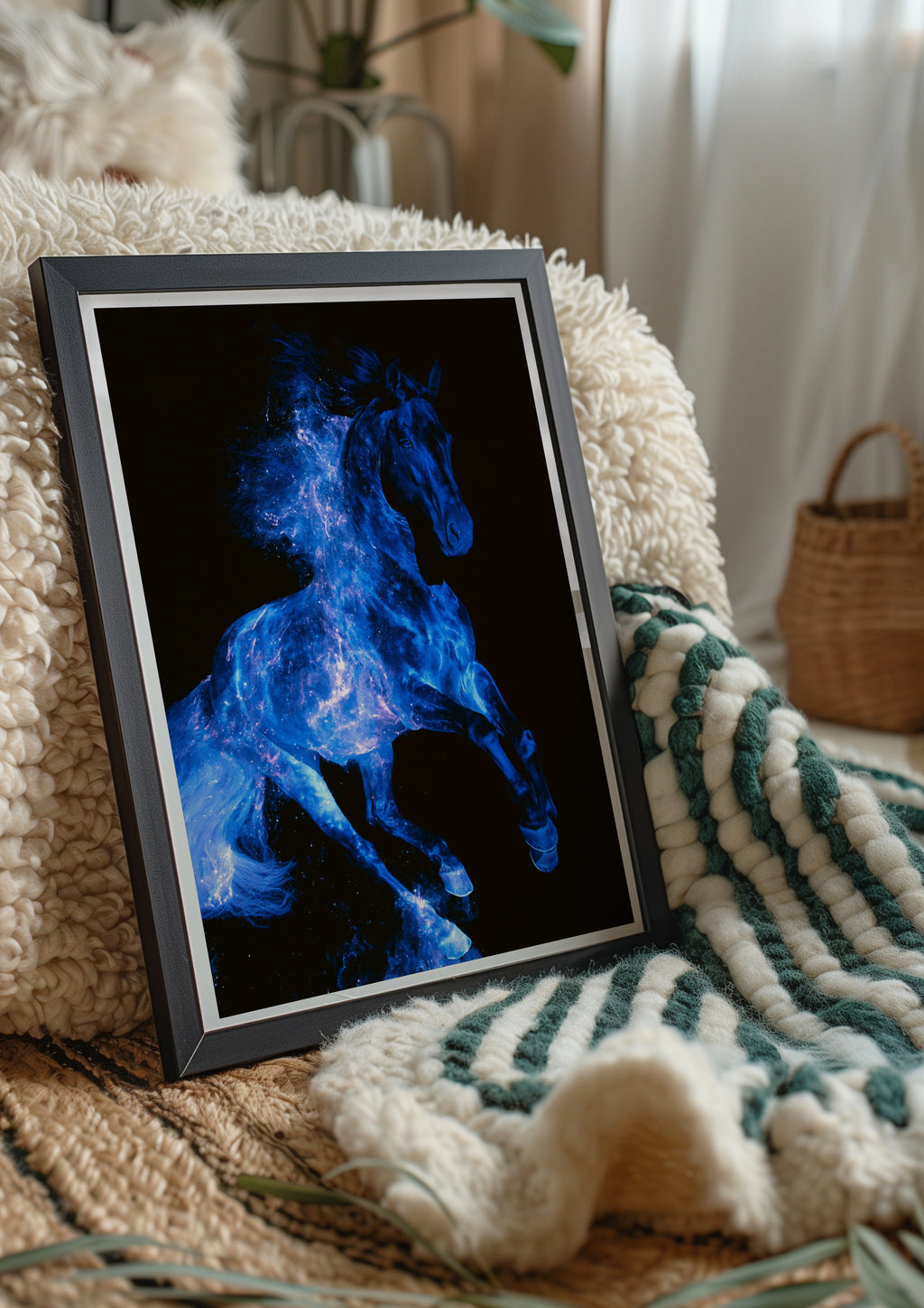 Blue Fire Horse Poster, Cosmic Stallion Wall Art, Dark Fantasy Print