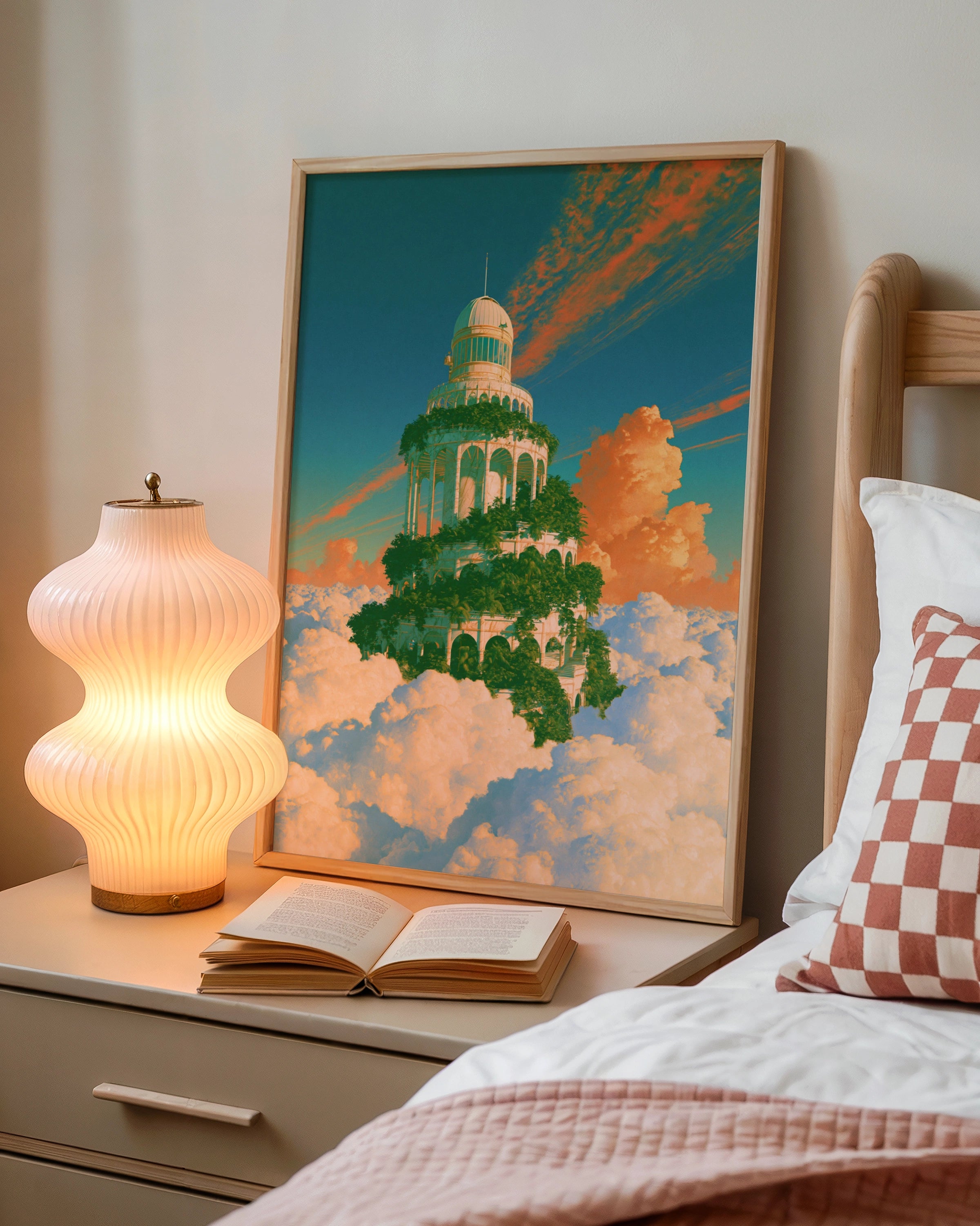 Sky Tower Fantasy Art Poster, Dreamy Cloud Architecture, Surreal Teal Orange Print