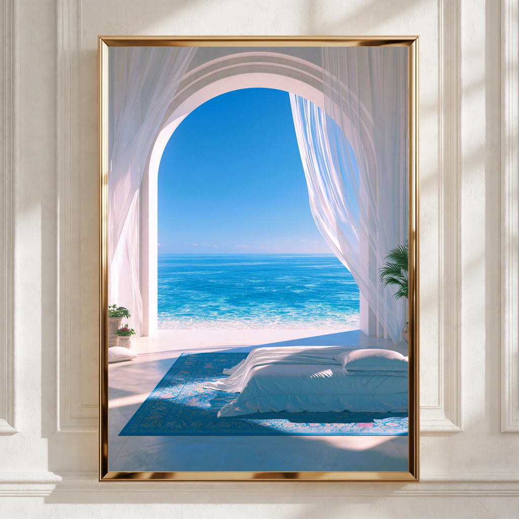 Sea View Bedroom Arch Curtain Poster, Mediterranean Ocean Wall Art Print