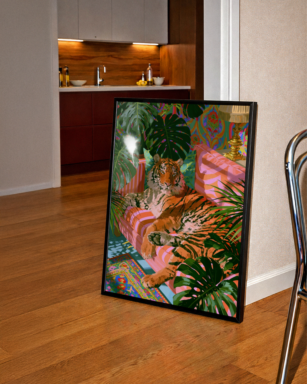 Tiger on Sofa Tropical Plants Poster, Colourful Maximalist Wall Art Print
