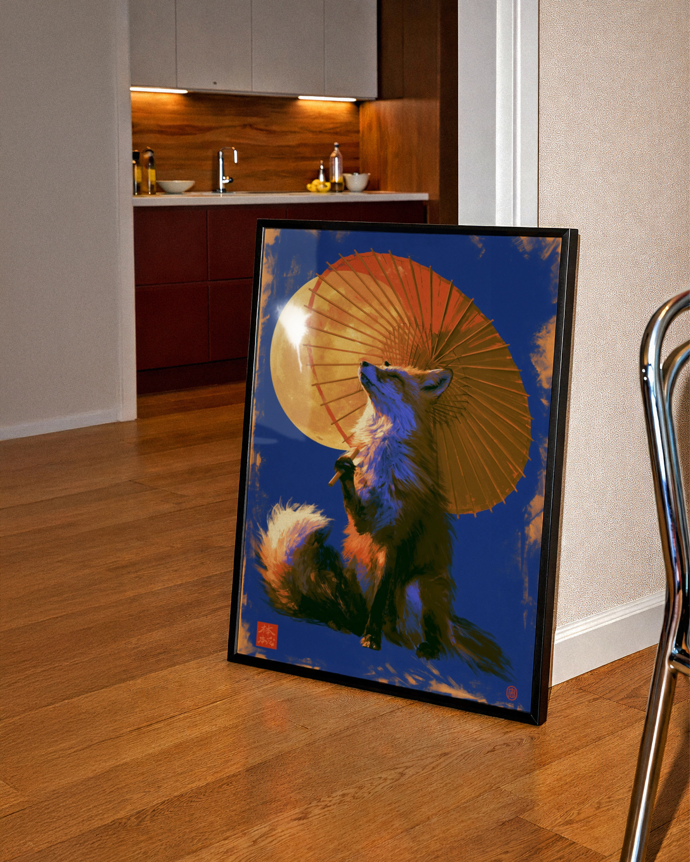 Japanese Fox Umbrella Moon Poster, Kitsune Art Print, Bold Blue Orange